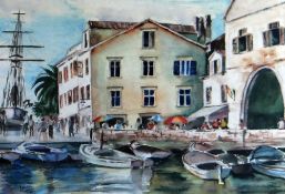 BILL HOINVILLE watercolour - continental harbour scene entitled verso 'Hvar - Yugoslavia', signed,