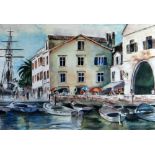 BILL HOINVILLE watercolour - continental harbour scene entitled verso 'Hvar - Yugoslavia', signed,