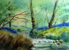 VERNON H HILL watercolour - stream running through woodland, signed and dated '99, 26 x 35cms