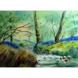VERNON H HILL watercolour - stream running through woodland, signed and dated '99, 26 x 35cms