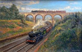 LEONARD FOOTE oil on board - steam train and carriages travelling under and over Viaduct, signed, 39