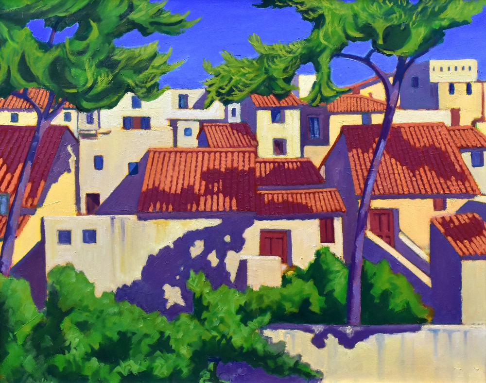 NORMAN CHECKETTS oil on canvas - Spanish village with terracotta roofs, 72 x 91cms