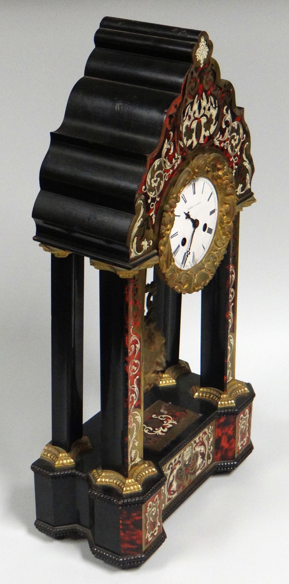 A FRENCH TORTOISE SHELL & ORMOLU MANTEL CLOCK of architectural form with white enamel dial bearing - Image 2 of 2