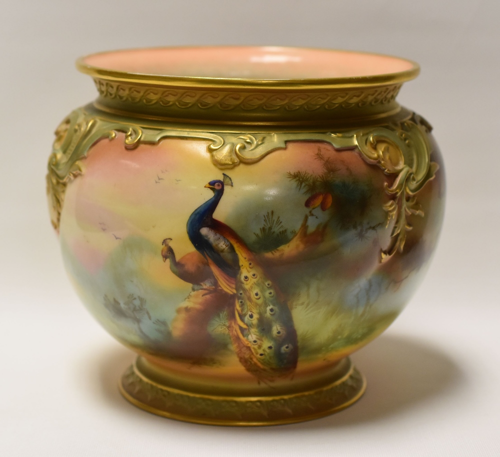 A ROYAL WORCESTER JARDINIERE painted with two peacocks perched amongst fir trees, signed R S
