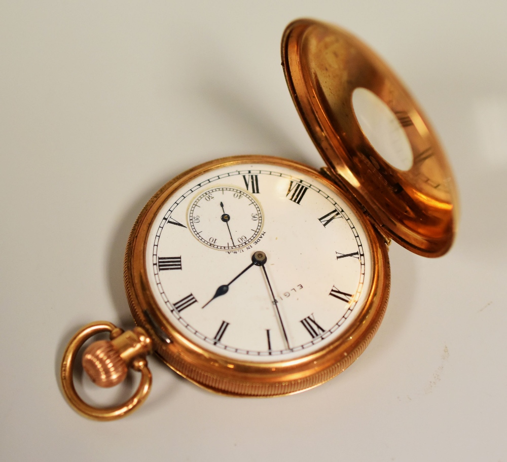 A 9CT GOLD ELGIN HALF-HUNTER POCKET-WATCH the case with machine turn decoration and with white