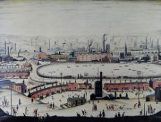 L. S. LOWRY signed print - entitled 'The Pond' with printers embossed stamp to bottom left, 46 x