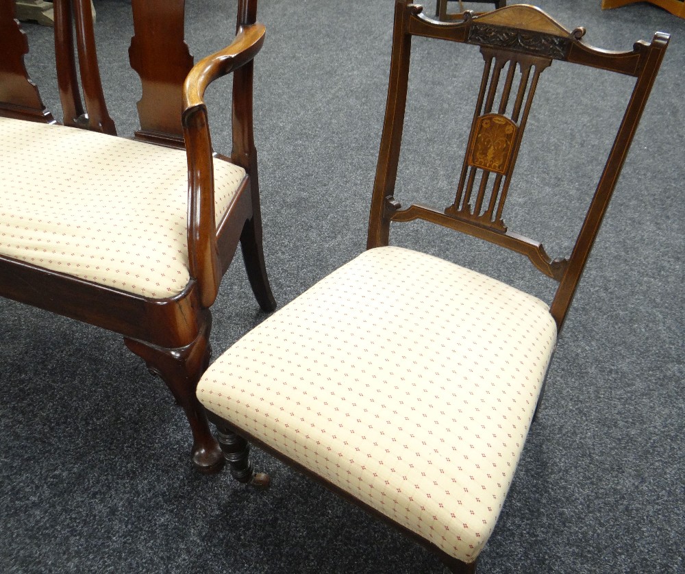 A SEMI-UPHOLSTERED ELBOW SETTEE together with similarly upholstered marquetry chair and another - Image 2 of 3