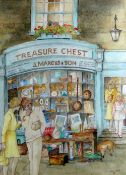 ELIZABETH THORNE watercolour - figure standing outside and leaving an antique shop, entitled