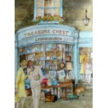 ELIZABETH THORNE watercolour - figure standing outside and leaving an antique shop, entitled