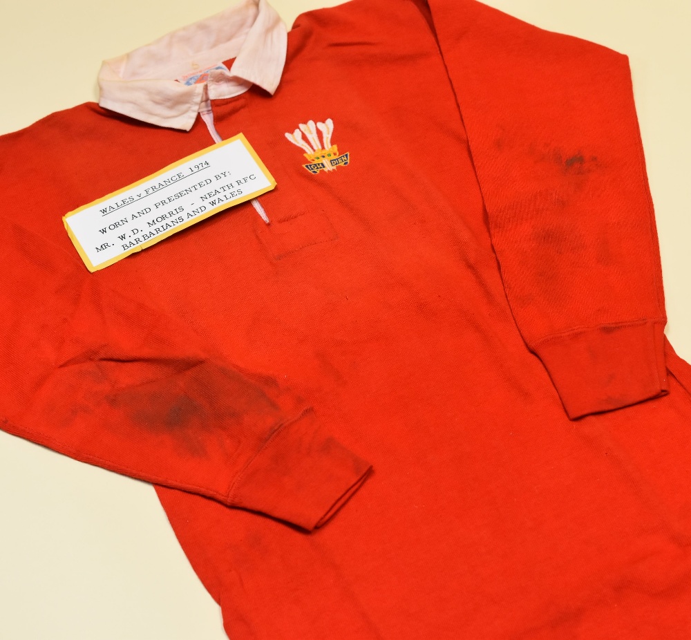 A WALES INTERNATIONAL RUGBY UNION JERSEY 'WORN & PRESENTED BY W.D MORRIS, V FRANCE 1974', bearing