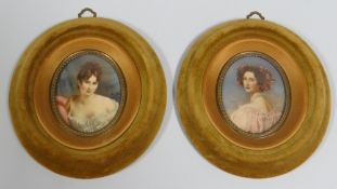 MINIATURIST two miniatures - oval painted head and shoulder portrait`s of eighteenth century females