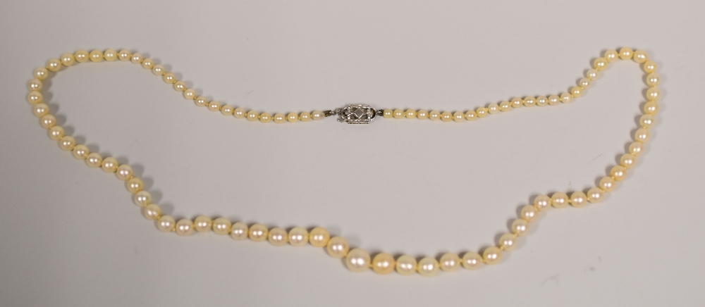 A GRADUATED ROW OF PEARLS WITH TWO 9CT CLASPS together with a 9ct seed pearl brooch