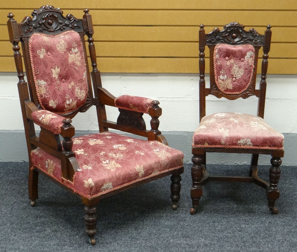 A CARVED MAHOGANY & UPHOLSTERED DRAWING ROOM SUITE OF EIGHT comprising two open armchairs and six - Image 2 of 2