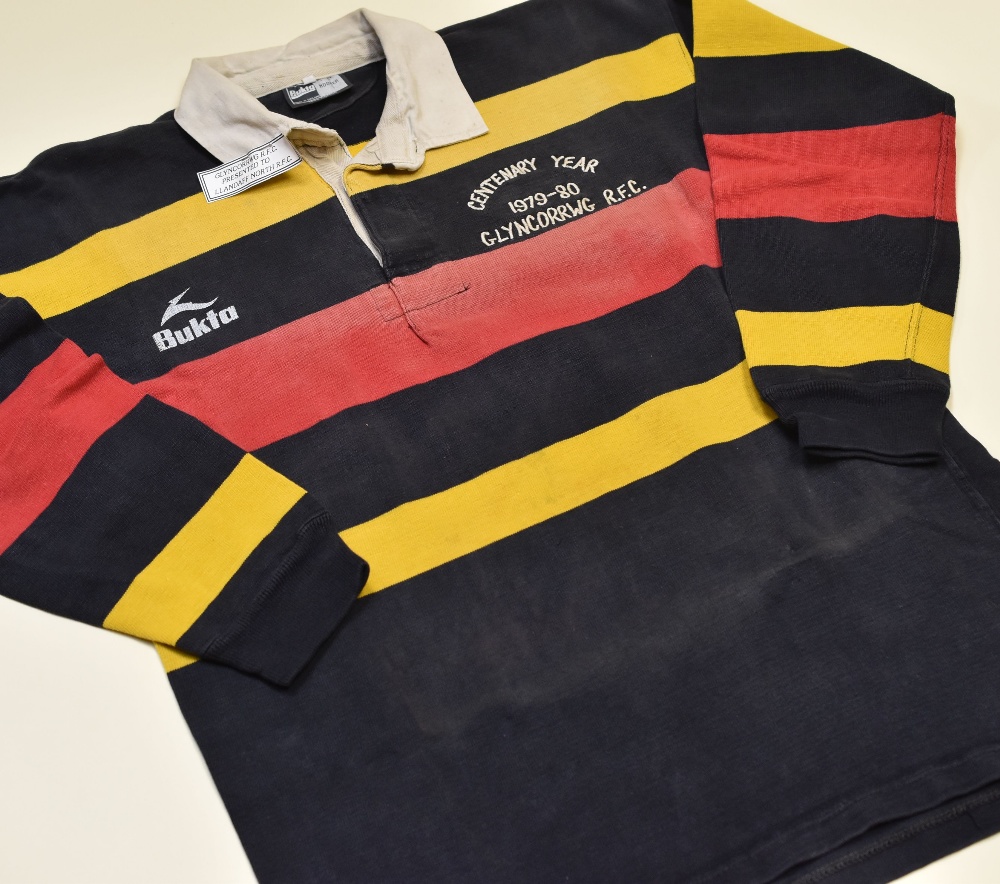 A GLYNCORRWG CENTENARY YEAR EDITION RUGBY JERSEY 1979-1980 with stitched commemoration, bearing