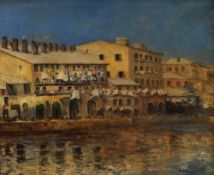 CARLO BRANCACCIO oil on canvas - Italian street running along a riverside with steps, signed, 51 x