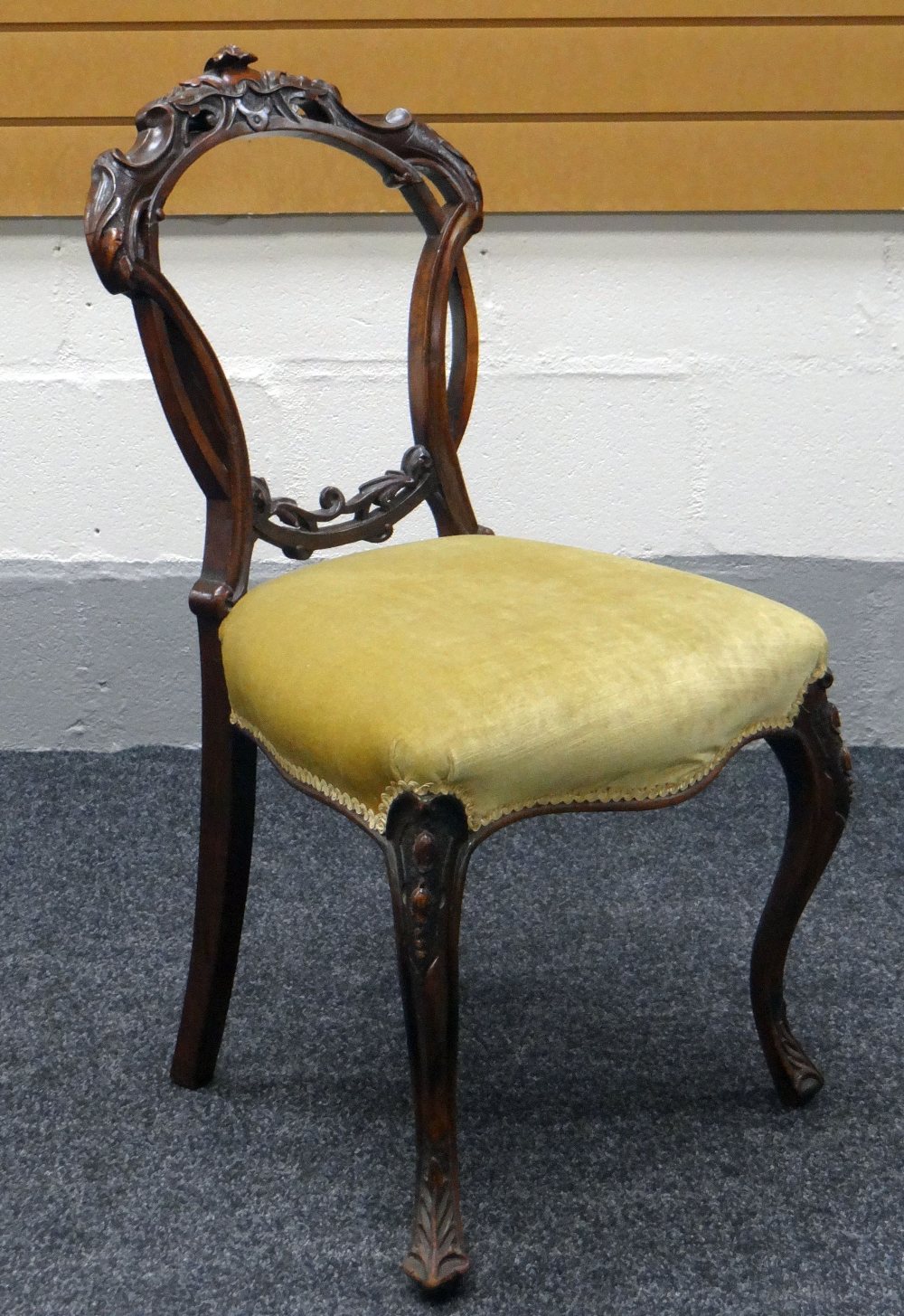 A SET OF FIVE CARVED BALLOON-BACK SALON CHAIRS in mahogany and having mustard coloured stuff-over - Image 2 of 2