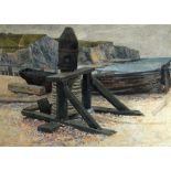MAURICE BARNES a pair of watercolours - beach scene with old fishing boats, 25 x 34cms and a