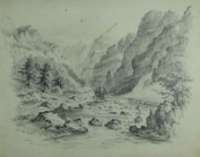 J MALKIN pencil drawing - river running through mountain valley, entitled 'Pont Afon, Glaslyn',