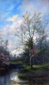 G HOLLER oil on canvas - fisherman seated on tree lined riverbank in springtime, signed, 51 x 30cms