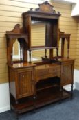 AN EDWARDIAN INLAID ROSEWOOD CABINET-SIDEBOARD of architectural form having a four mirror top with