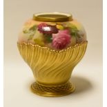 A ROYAL WORCESTER VASE painted with wild roses by Kitty Blake (missing lid), 16cms high