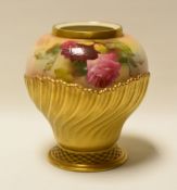 A ROYAL WORCESTER VASE painted with wild roses by Kitty Blake (missing lid), 16cms high