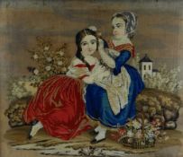 FRAMED TAPESTRY young country girl attaching flowers to the hair of another young girl with gathered