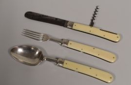A RARE MATCHING SILVER & IVORY FOLDING CAMPAIGN THREE-PIECE CUTLERY SET comprising spoon, knife with
