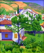 NORMAN CHECKETTS oil on canvas - Spanish village with trees and mountain, 72 x 59cms