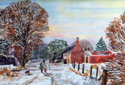 JENNY WHITE watercolour - winter scene with figures walking dog, signed, 25 x 37cms