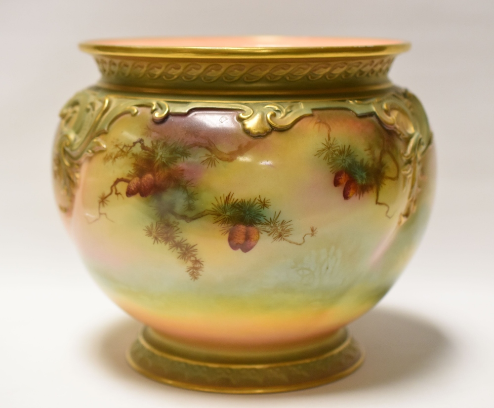 A ROYAL WORCESTER JARDINIERE painted with two peacocks perched amongst fir trees, signed R S - Image 2 of 2