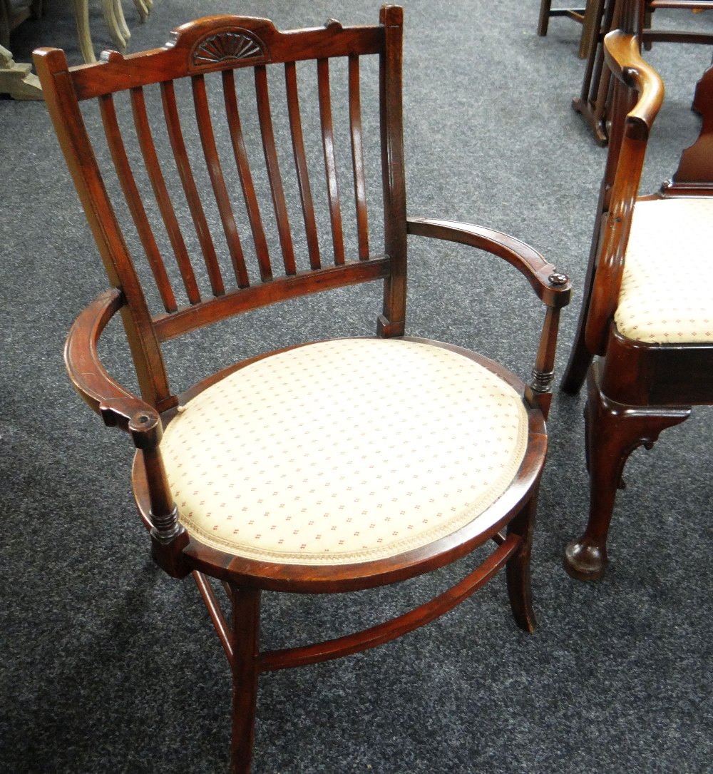 A SEMI-UPHOLSTERED ELBOW SETTEE together with similarly upholstered marquetry chair and another - Image 3 of 3