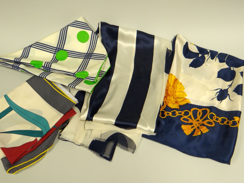 FOUR DESIGNER SILK SCARVES by Nina Ricci, Gres Paris and another