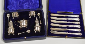 A CASED FIVE PIECE SILVER CRUET SET, Birmingham 1912, 4.6ozs together with a cased set of six silver