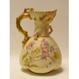 A ROYAL WORCESTER BLUSH IVORY TWIG-HANDLE JUG the neck of naturalist form and the body painted