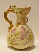 A ROYAL WORCESTER BLUSH IVORY TWIG-HANDLE JUG the neck of naturalist form and the body painted