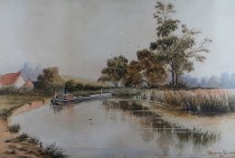 W. BERGONZIE LAMARQUE a pair of watercolours - barge on canal and fisherman in boats on river,