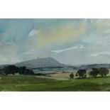 AUBREY R. PHILLIPS watercolour - fields with distant mountains, signed and dated '85, 19 x 28cms
