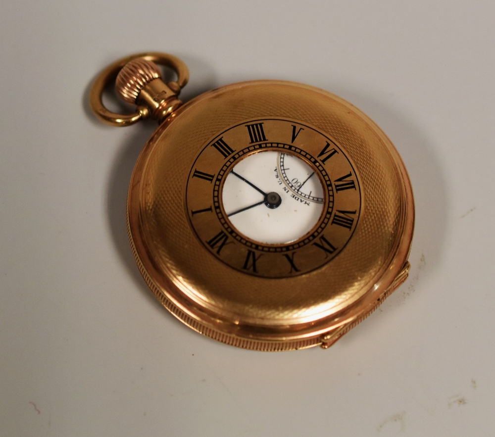 A 9CT GOLD ELGIN HALF-HUNTER POCKET-WATCH the case with machine turn decoration and with white - Image 2 of 2