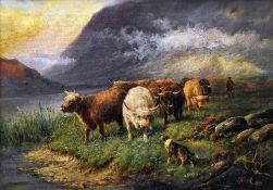 SAMUEL JAMES CLARK oil on canvas - Highland cattle watering with drover and dog, signed and dated