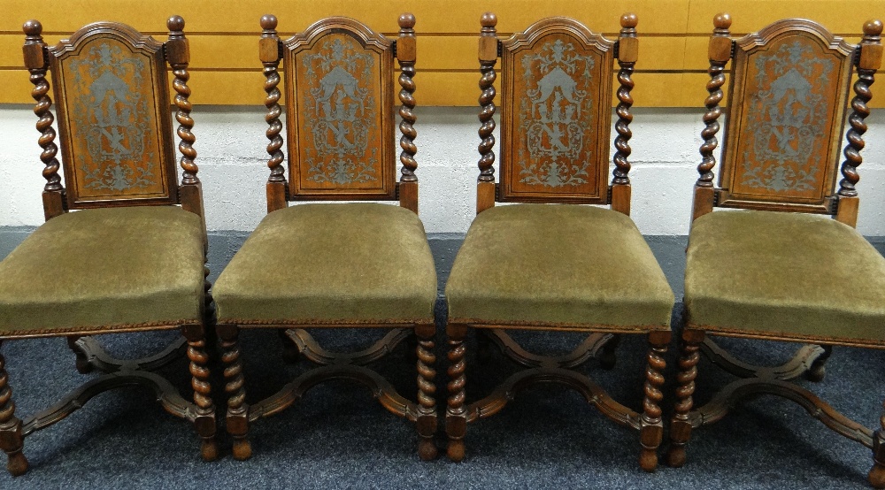 A SET OF FOUR ITALIAN PEWTER INLAID CHAIRS having barley-twist supports, shaped stretchers and the
