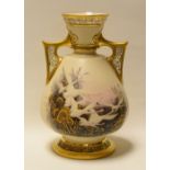 A ROYAL WORCESTER TWIN HANDLED VASE DECORATED WITH SWANS believed by Charles Baldwyn, the eight