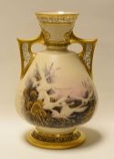 A ROYAL WORCESTER TWIN HANDLED VASE DECORATED WITH SWANS believed by Charles Baldwyn, the eight