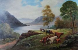 W GLOVER oil on canvas - mounted farmer and dog driving cattle along edge of loch through