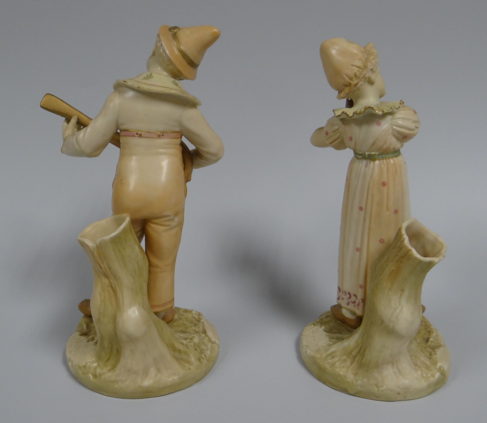 A PAIR OF ROYAL WORCESTER MUSICIAN SPILL-HOLDERS on naturalistic bases and stood against stumps - Image 2 of 2