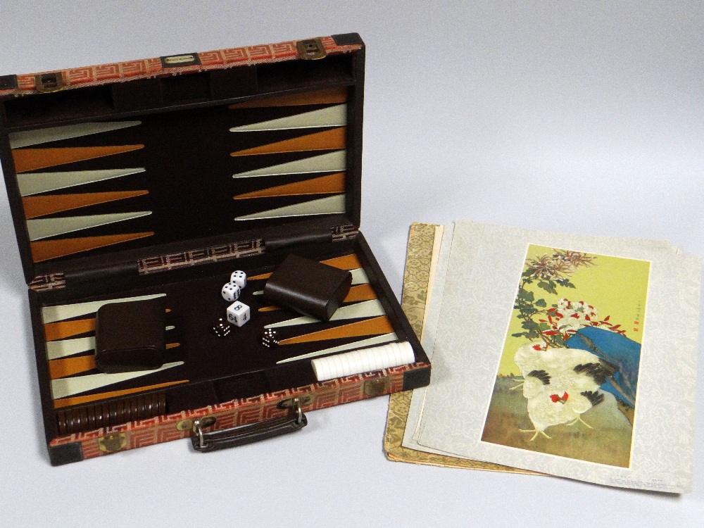 A CASED BACKGAMMON SET & PORTFOLIO OF ORIENTAL PRINTS