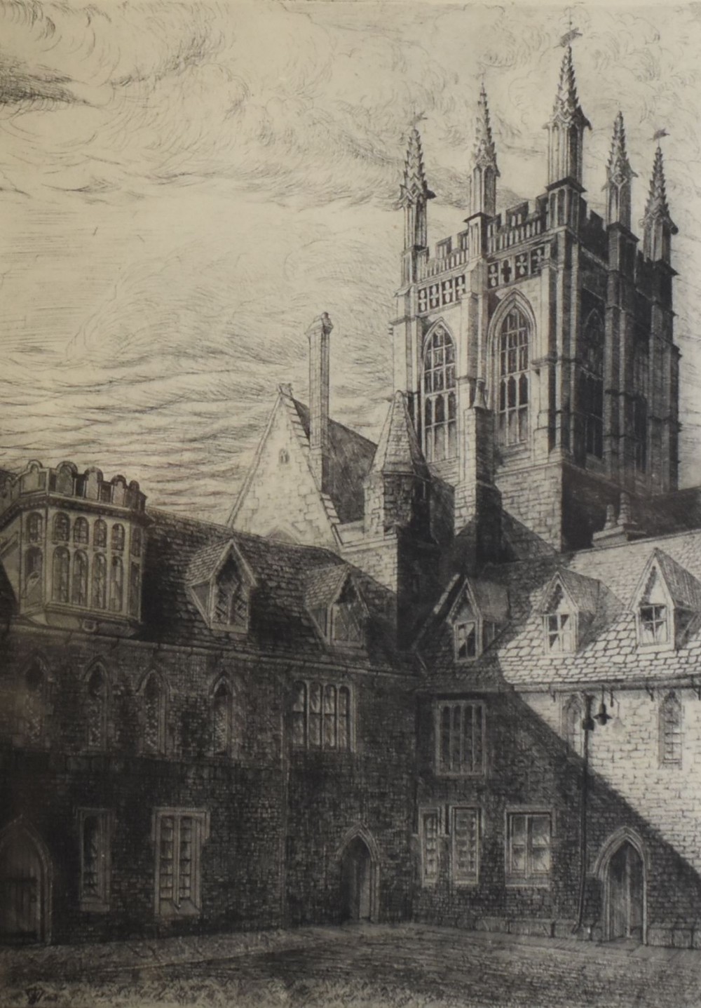 JOHN W VAUGHAN etching - study of a courtyard and cathedral, signed and dated '48, 35 x 25cms