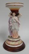 A MEISSEN PARIAN PORCELAIN COMPORT composed of three caryatid in pastel glazes standing on a