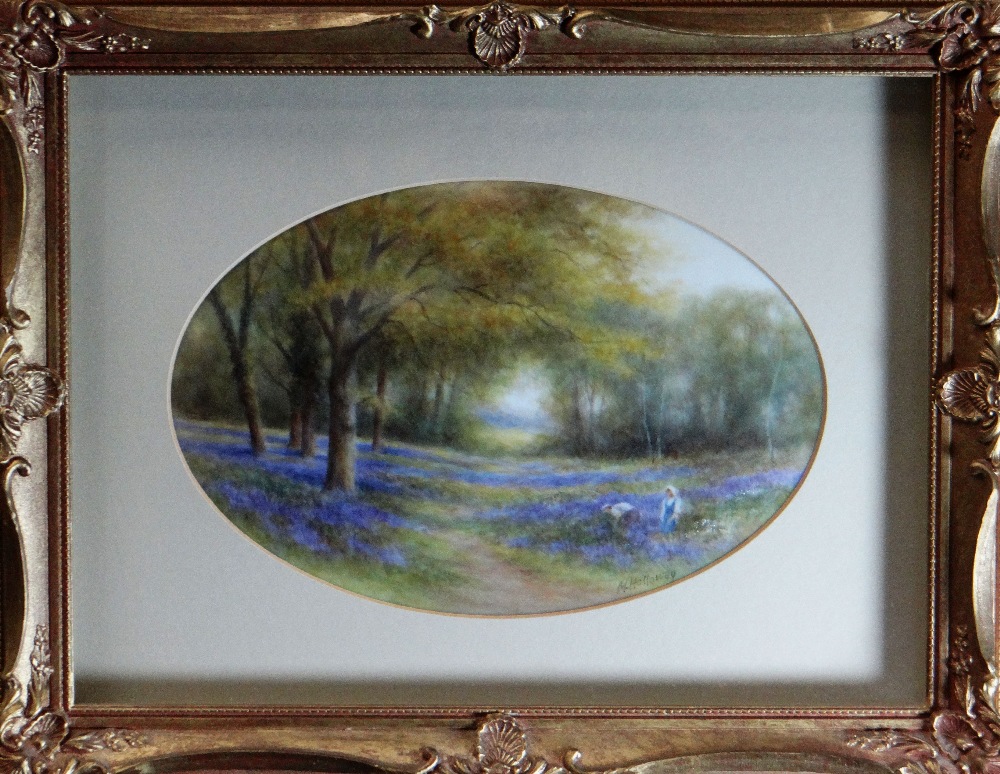 A FRAMED OVAL ROYAL WORCESTER PLAQUE of concave form, painted with two figures picking flowers in