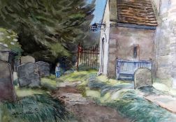 ARTHUR MILES watercolour - figure walking along pathway in graveyard outside church, signed and